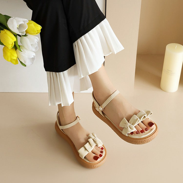 Women's's Suede Butterfly Knot Round Toe Ankle Strap Flat Sandals