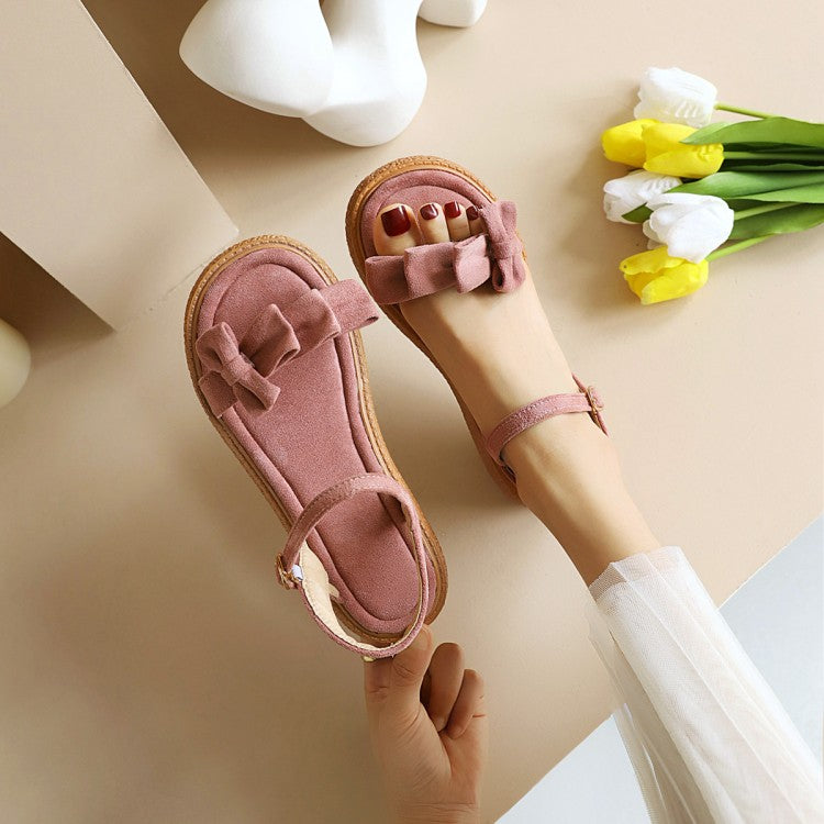 Women's's Suede Butterfly Knot Round Toe Ankle Strap Flat Sandals