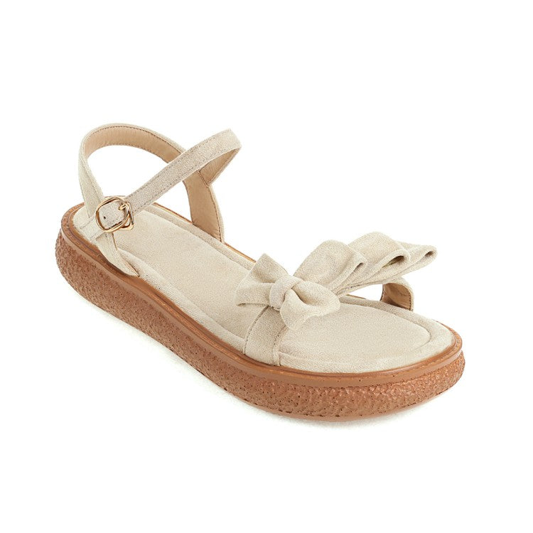 Women's's Suede Butterfly Knot Round Toe Ankle Strap Flat Sandals