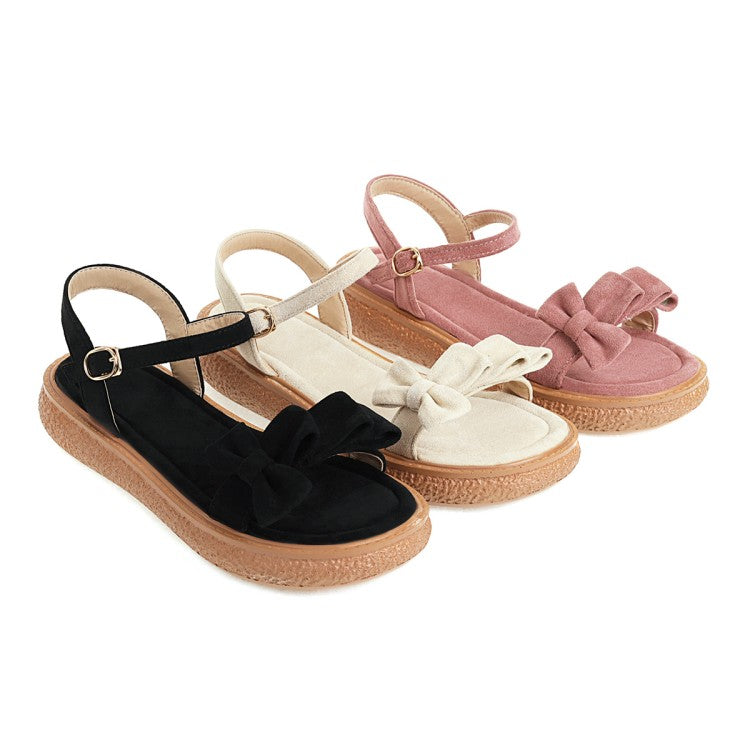 Women's's Suede Butterfly Knot Round Toe Ankle Strap Flat Sandals