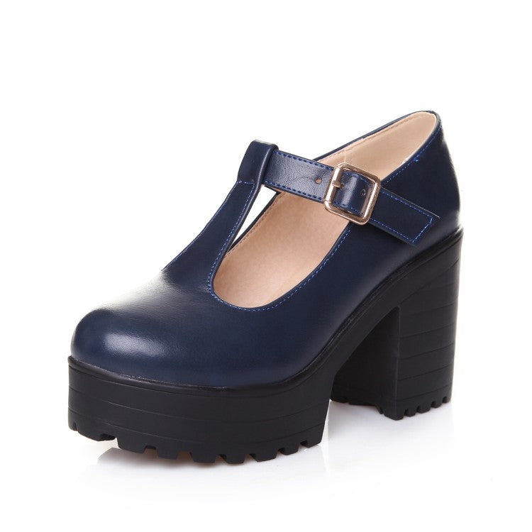 Women's T Strap Thick Sole Block Heel Platform Pumps High Heels Shoes