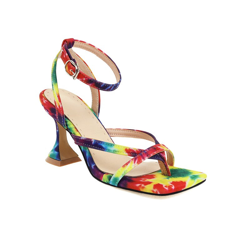 Women's Colorful Square Toe Ankle Strap Spool Heel Sandals