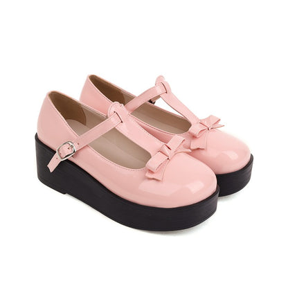 Women's T Strap Bowtie Mary Jane Platform Flats Shoes