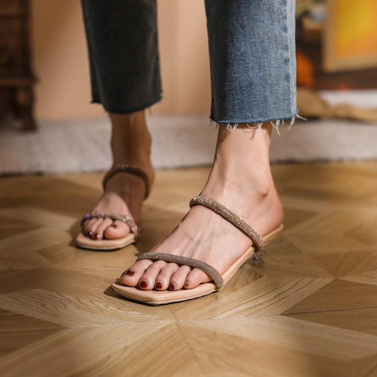 Women's Square Toe Bling Bling Narrow Straps Low Heel Sandals