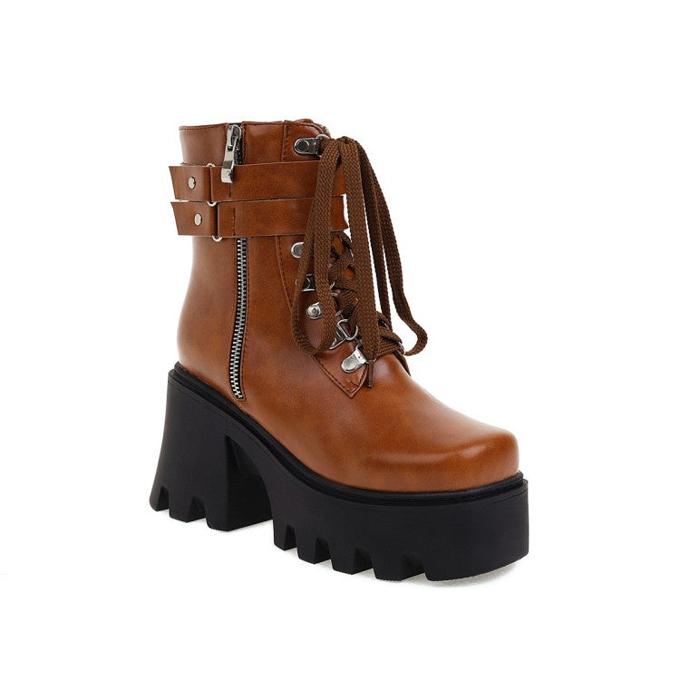 Women's Pu Leather Square Toe Tied Belts Buckles Side Zippers Chunky Heel Platform Short Boots