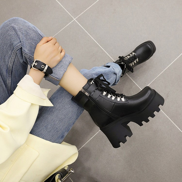 Women's Pu Leather Square Toe Tied Belts Buckles Side Zippers Chunky Heel Platform Short Boots