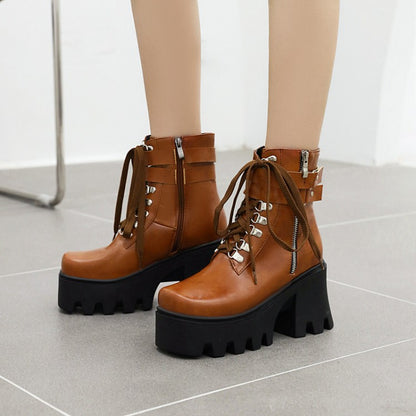 Women's Pu Leather Square Toe Tied Belts Buckles Side Zippers Chunky Heel Platform Short Boots