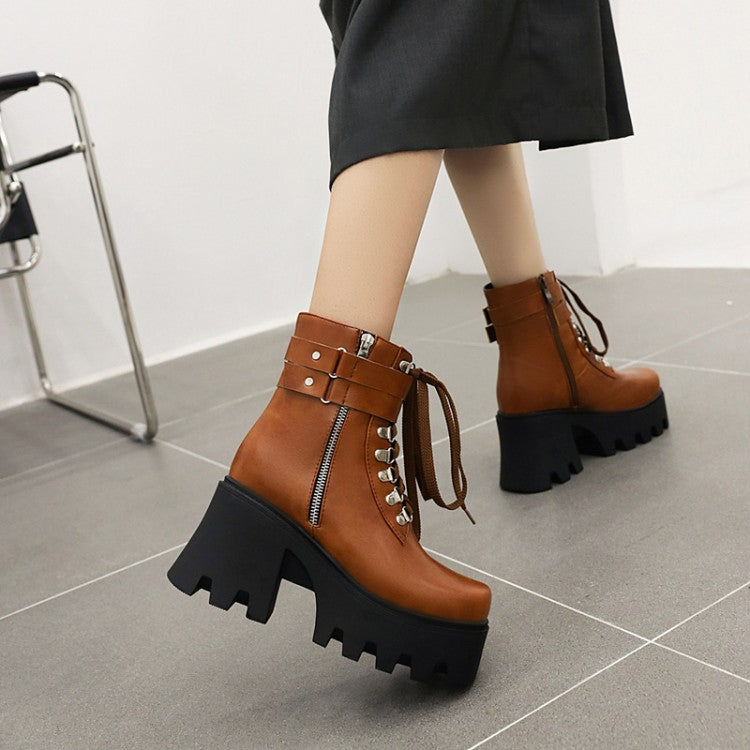 Women's Pu Leather Square Toe Tied Belts Buckles Side Zippers Chunky Heel Platform Short Boots