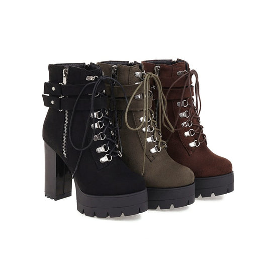 Women's Suede Round Toe Tied Belts Side Zippers Buckles Chunky Heel Platform Short Boots