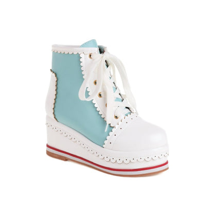 Women's Candy Color Lace Up Wedge Heel Platform Short Boots