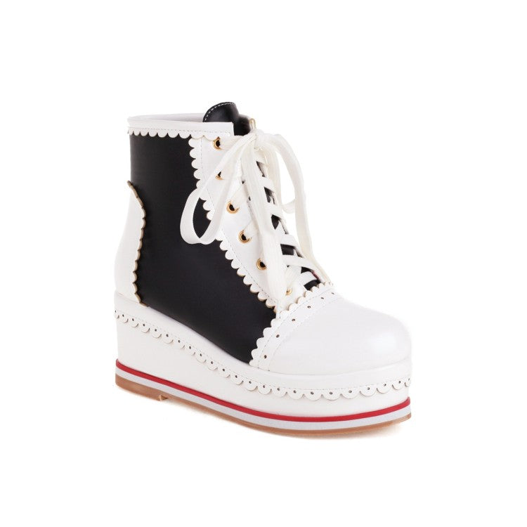 Women's Candy Color Lace Up Wedge Heel Platform Short Boots