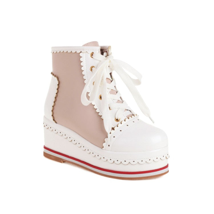 Women's Candy Color Lace Up Wedge Heel Platform Short Boots