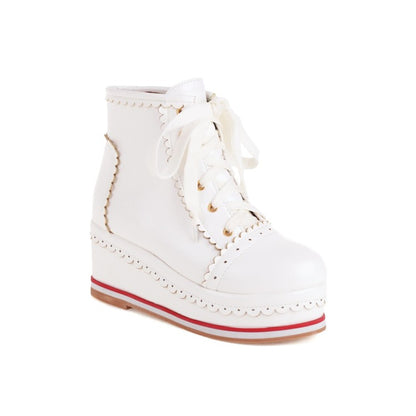 Women's Candy Color Lace Up Wedge Heel Platform Short Boots