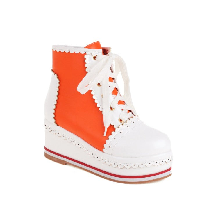 Women's Candy Color Lace Up Wedge Heel Platform Short Boots