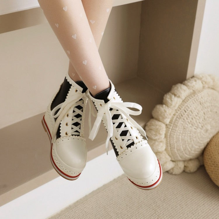 Women's Candy Color Lace Up Wedge Heel Platform Short Boots