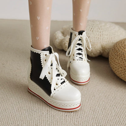 Women's Candy Color Lace Up Wedge Heel Platform Short Boots