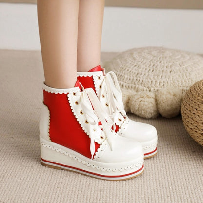 Women's Candy Color Lace Up Wedge Heel Platform Short Boots