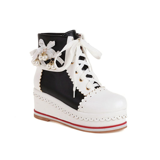 Women's Pu Leather Stitching Lace Up Fold Pearls Knot Platform Wedge Heel Short Boots