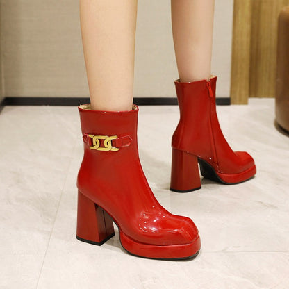 Women's Patent Leather Metal Chains Block Heel Platform Short Boots