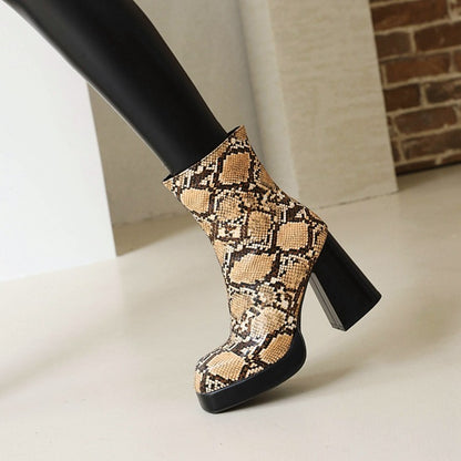 Women's Snake Printed Chunky Heel Side Zippers Platform Short Boots