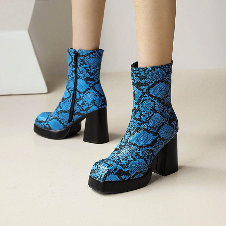 Women's Snake Printed Chunky Heel Side Zippers Platform Short Boots