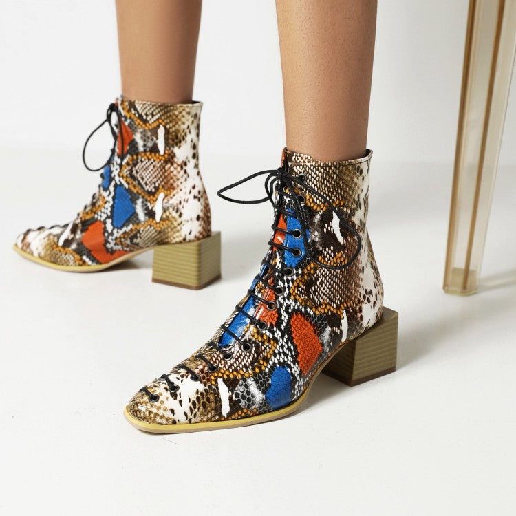 Women's Colorful Printed Lace Up Block Heel Short Boots