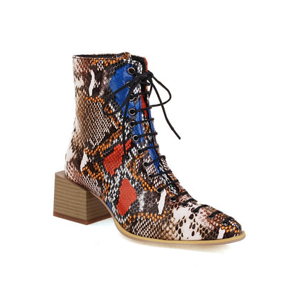 Women's Colorful Printed Lace Up Block Heel Short Boots