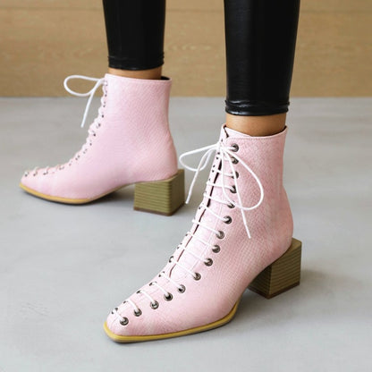 Women's Colorful Printed Lace Up Block Heel Short Boots