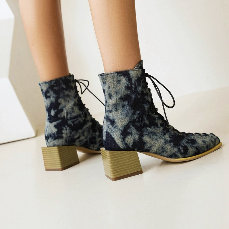 Women's Colorful Printed Lace Up Block Heel Short Boots