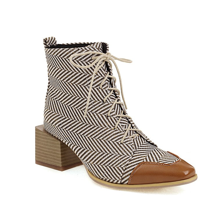 Women's Bicolor Lace Up Block Low Heel Short Boots