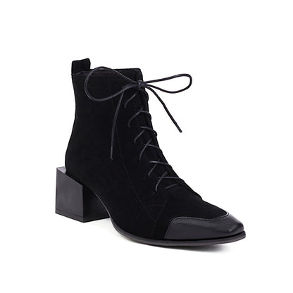 Women's Bicolor Lace Up Block Low Heel Short Boots