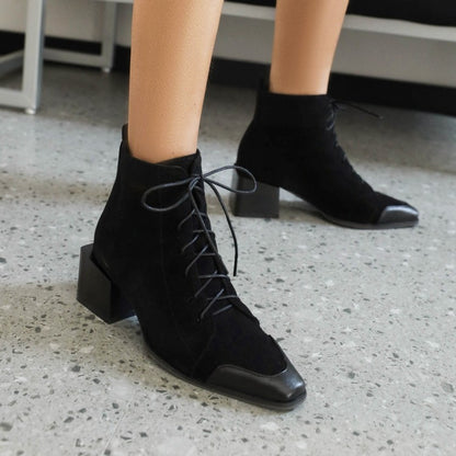 Women's Bicolor Lace Up Block Low Heel Short Boots