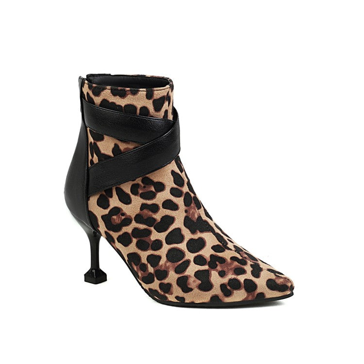 Women's Leopard Print Pu Leather Pointed Toe Stiletto Heel Short Boots