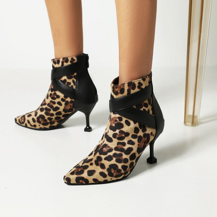 Women's Leopard Print Pu Leather Pointed Toe Stiletto Heel Short Boots