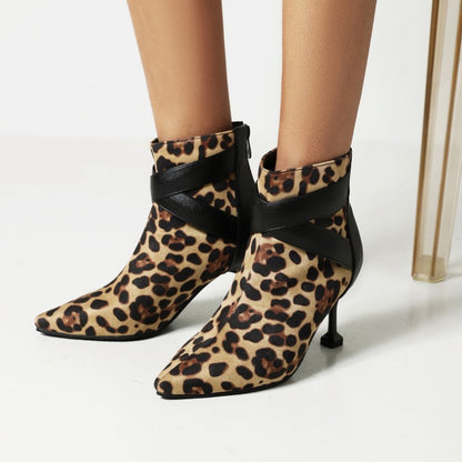 Women's Leopard Print Pu Leather Pointed Toe Stiletto Heel Short Boots