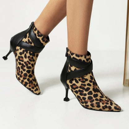 Women's Leopard Print Pu Leather Pointed Toe Stiletto Heel Short Boots