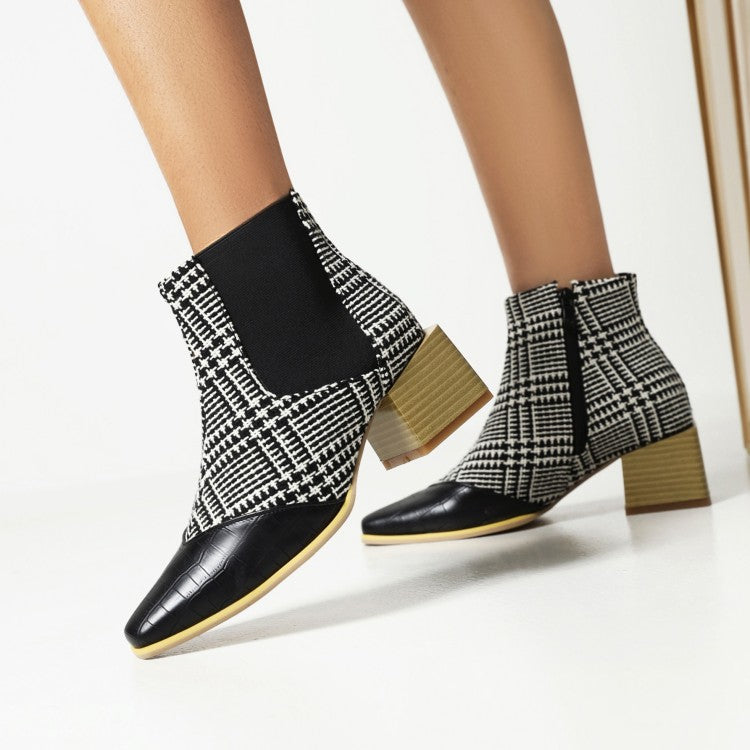 Women's Animal Pattern Patchwork Pointed Toe Block Heel Short Boots