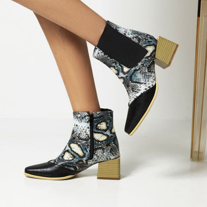 Women's Animal Pattern Patchwork Pointed Toe Block Heel Short Boots