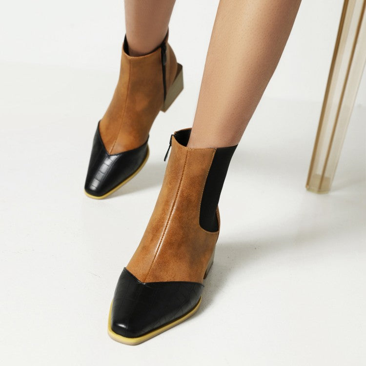 Women's Animal Pattern Patchwork Pointed Toe Block Heel Short Boots
