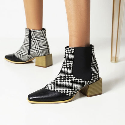 Women's Animal Pattern Patchwork Pointed Toe Block Heel Short Boots