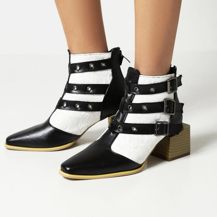 Women's Bicolor Pu Leather Pointed Toe Buckles Block Heel Short Boots