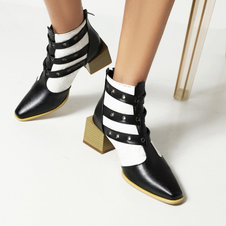 Women's Bicolor Pu Leather Pointed Toe Buckles Block Heel Short Boots