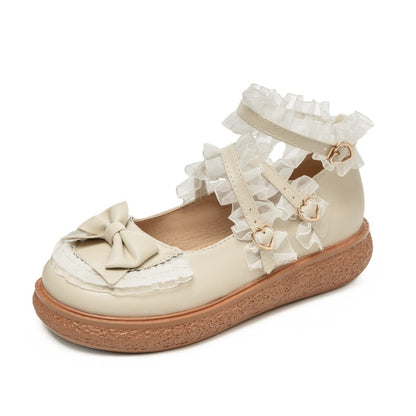 Women's Lolita Lace Bowties Knot Cross Strap Flats Shoes