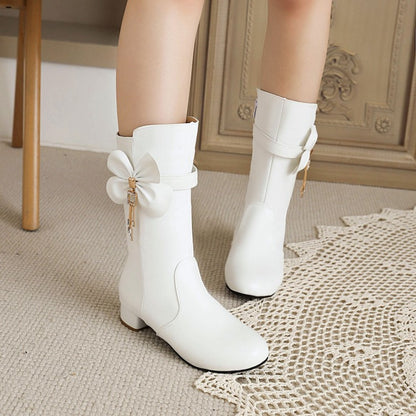 Women's  Bow Low Heel Mid Calf Boots