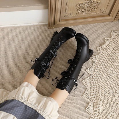 Womens' Bowtie Chunky Heels Knee High Boots