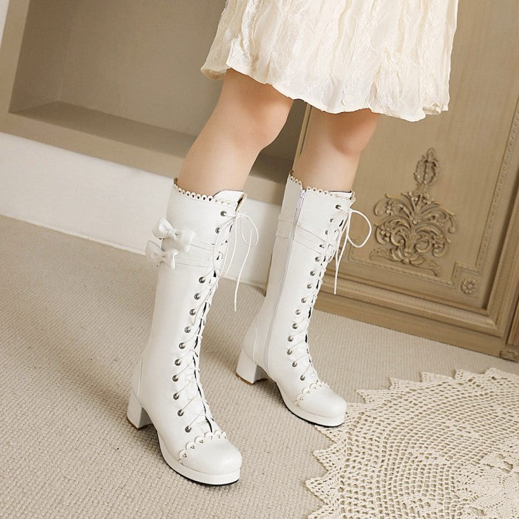 Womens' Lace Up Back Bow Heels Knee High Boots
