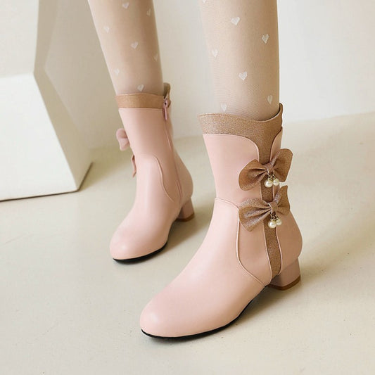 Women's  Bowtie Pearls Low Heel Short Boots