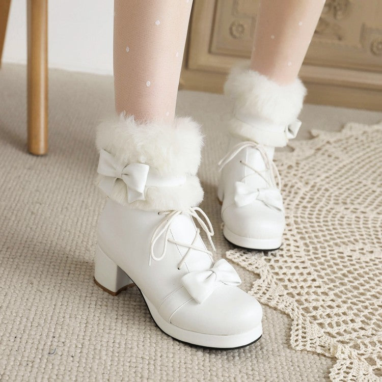 Women's  Bowtie Lace Up High Heel Short Snow Boots