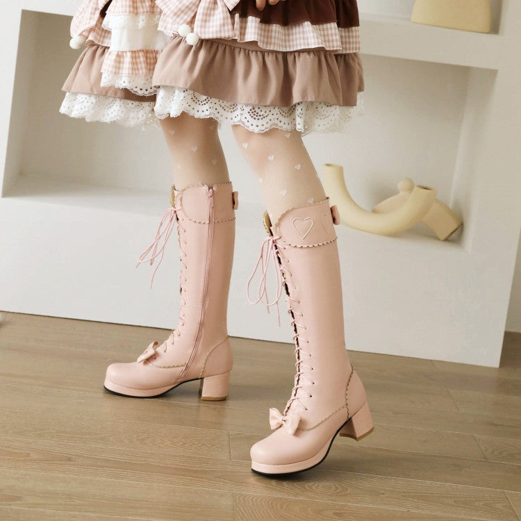 Womens' Lace Up Bowtie High Heels Knee High Boots