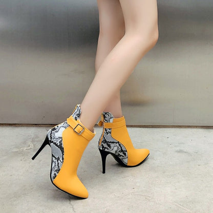 Women's Pointed Toe Snake-print High Heel Short Boots